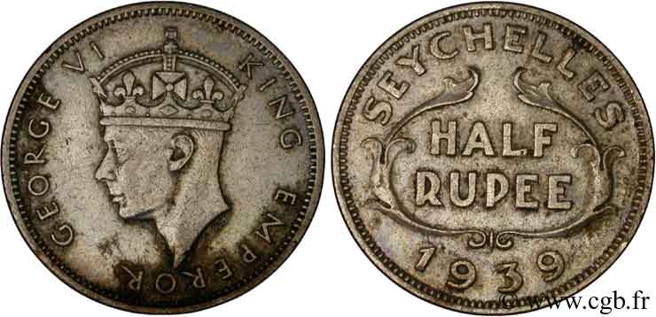SEYCHELLES 1/2 Rupee Georges VI 1939 British Royal Mint XF 