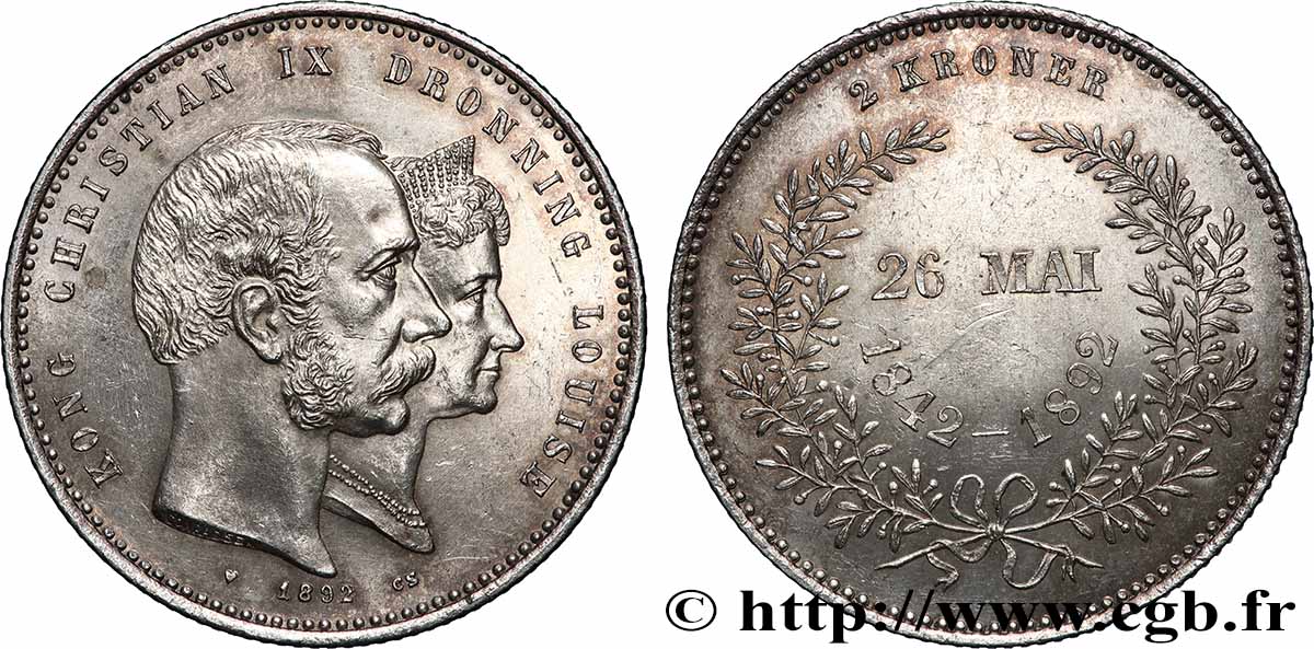 DENMARK - KINGDOM OF DENMARK - CHRISTIAN IX 2 Kroner noces d’or du roi Christian IX et de la reine Louise de Hesse-Kassel 1892 Copenhague MS 