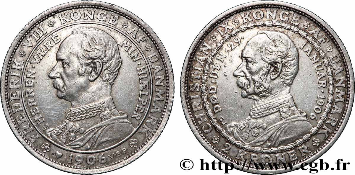 DANEMARK 2 Kroner mort de Christian IX et accession de Frédéric VIII 1906 Copenhague TTB+ 