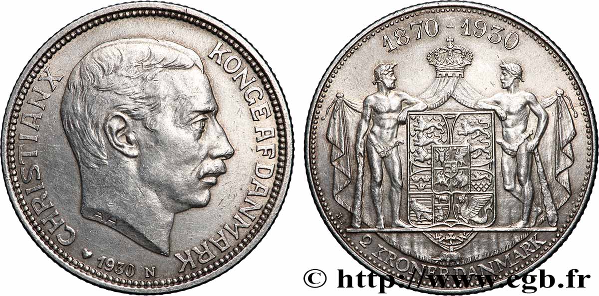 DANEMARK 2 Kroner 60e anniversaire du roi Christian X 1930 Copenhague SUP 