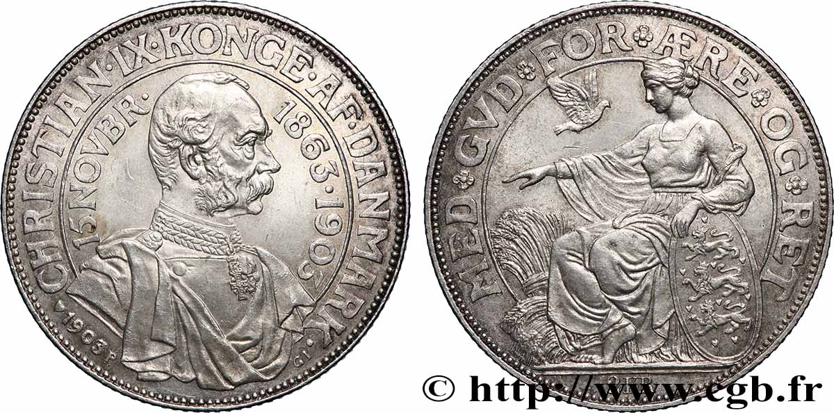 DANEMARK 2 Kroner 40e anniversaire de règne du roi Christian IX  1903 Copenhague SPL 