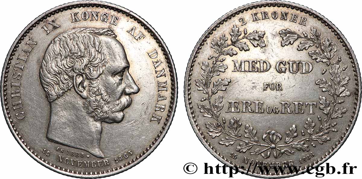 DANEMARK 2 Kroner 25e anniversaire de règne du roi Christian IX  1888 Copenhague SUP 