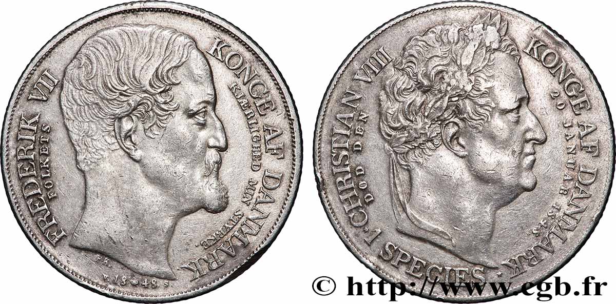 DANEMARK - ROYAUME DE DANEMARK - FRÉDÉRIC VII 1 Speciedaler mort de Christian VIII et accession de Frédéric VII 1848 Copenhague TTB+ 