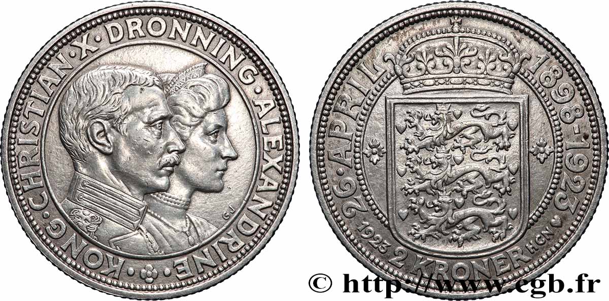 DANEMARK 2 Kroner Noces d’argent du couple royale 1923 Copenhague TTB+ 