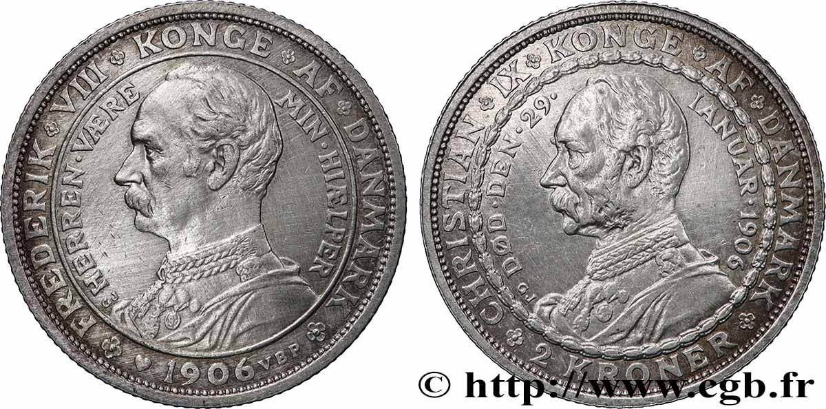 DANEMARK 2 Kroner mort de Christian IX et accession de Frédéric VIII 1906 Copenhague SUP 