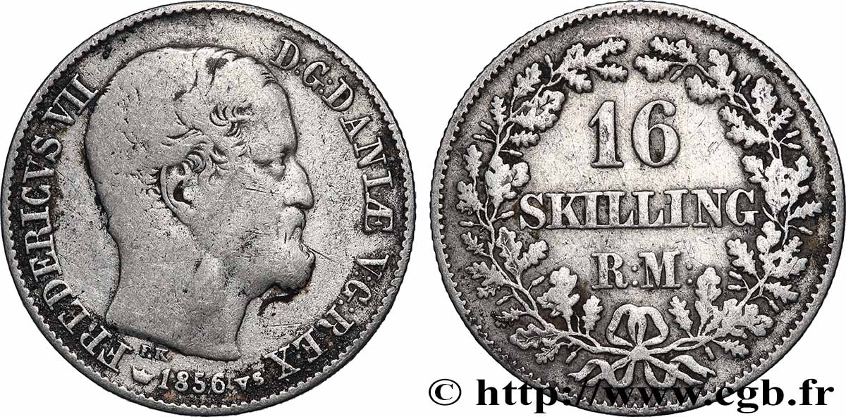DANEMARK - ROYAUME DE DANEMARK - FRÉDÉRIC VII 16 Skilling Rigsmont  1856 Copenhague TB+ 