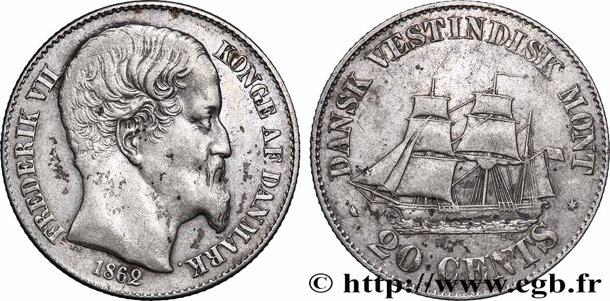 DANEMARK - ROYAUME DE DANEMARK - FRÉDÉRIC VII 20 Cents 1862 Copenhague TTB 