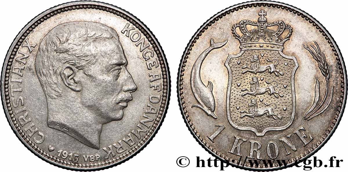 DINAMARCA 1 Krone Christian X 1915 Copenhague SPL 