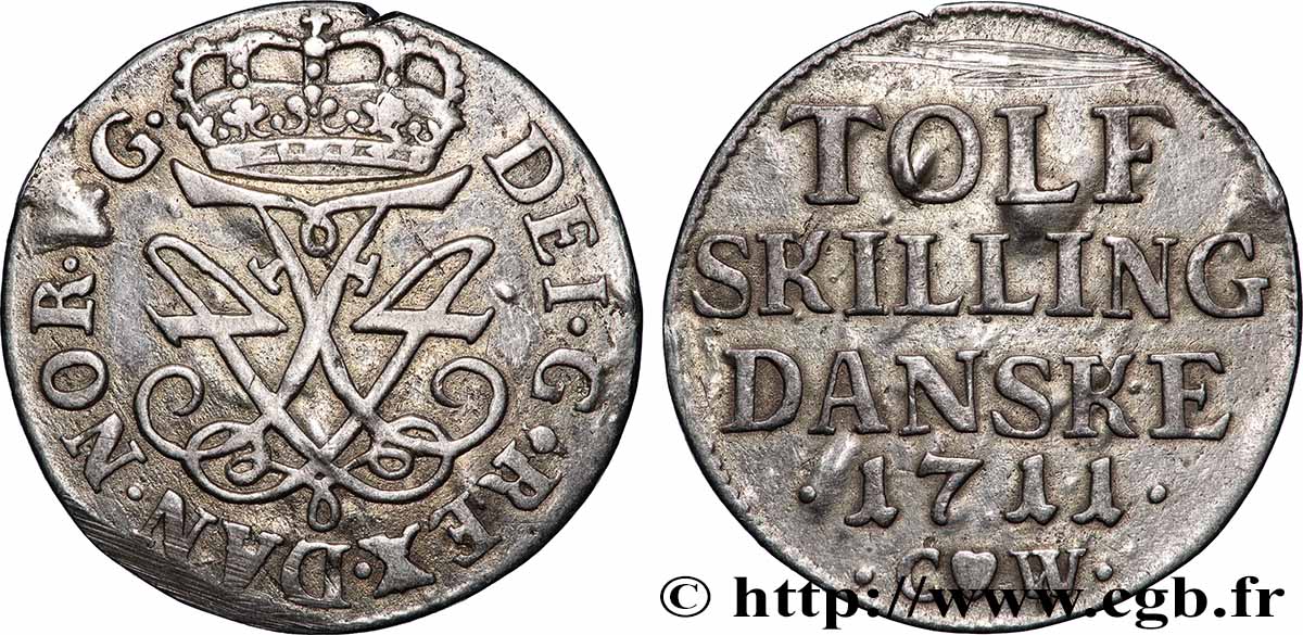 ROYAUME DU DANEMARK - FRÉDÉRIC IV 12 Skilling 1711 Rendsburg TTB 