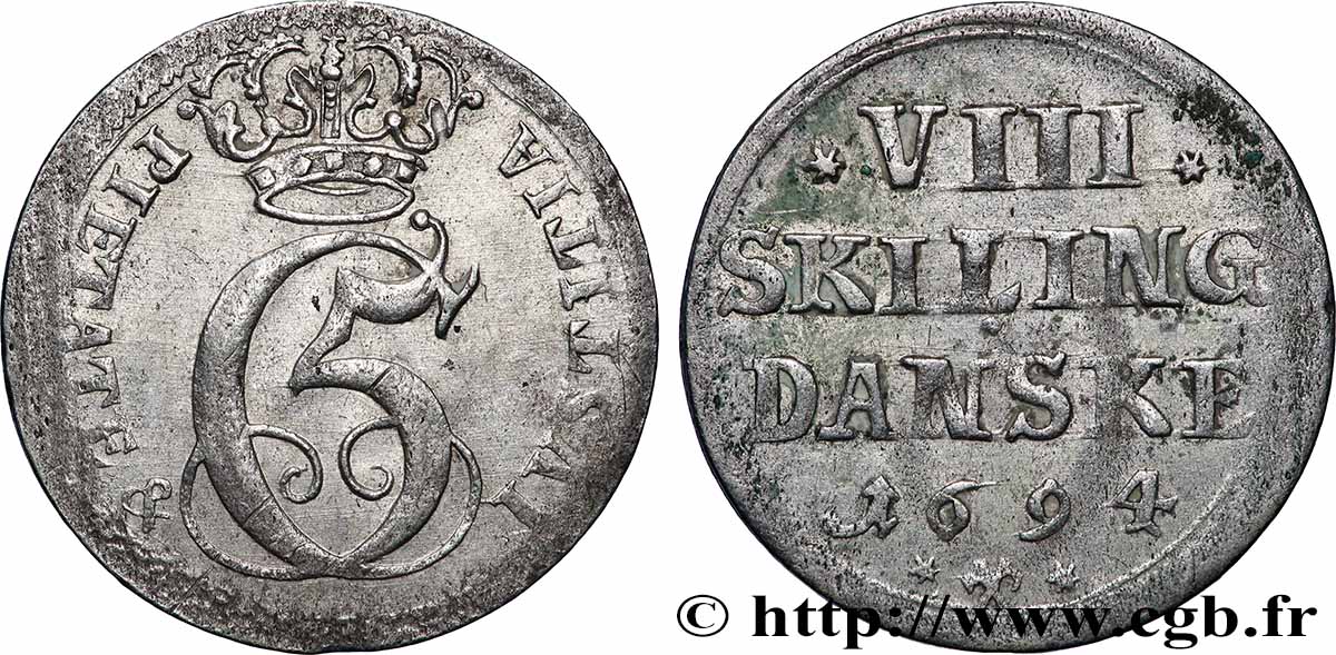 DANEMARK - ROYAUME DU DANEMARK - CHRISTIAN V 8 Skilling - Ville de Glückstadt 1694  TTB 