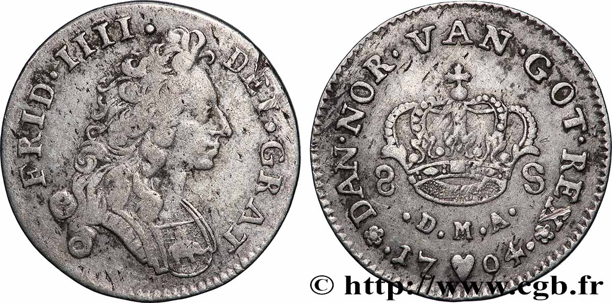 ROYAUME DU DANEMARK - FRÉDÉRIC IV 8 Skilling monogramme  1704 Konsberg TB+ 