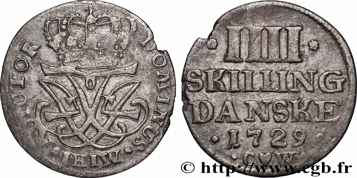ROYAUME DU DANEMARK - FRÉDÉRIC IV 4 Skilling Danske 1729 Copenhague TTB 