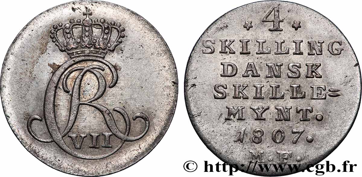 DINAMARCA 4 Skilling monogramme de Christian VII roi du Danemark 1807 Altona MBC+ 