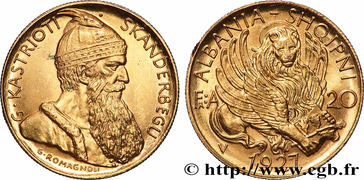 ALBANIA 20 Franga Ari Skanderbeg 1927 Rome SPL 