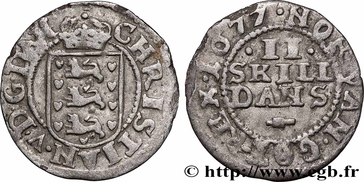 DANEMARK - ROYAUME DU DANEMARK - CHRISTIAN V 2 Skilling  1677 Copenhague TTB 