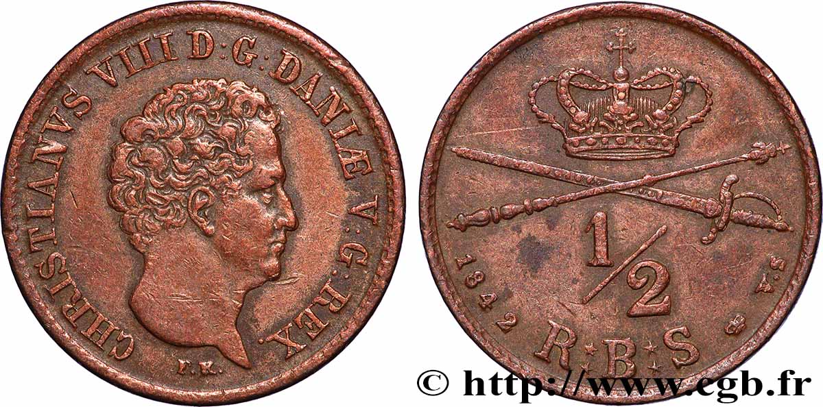 DANEMARK 1/2 skilling Christian VIII 1842 Altona TTB 