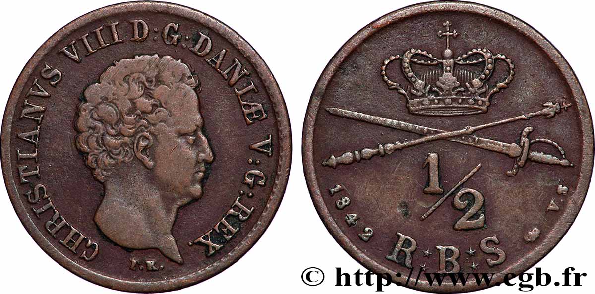 DANEMARK 1/2 skilling Christian VIII 1842 Altona TTB 