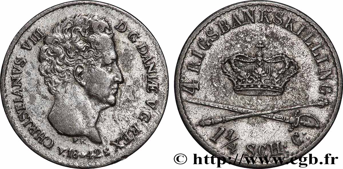 DANEMARK 1¼ Schilling Courant Christian VIII 1842 Altona TTB 