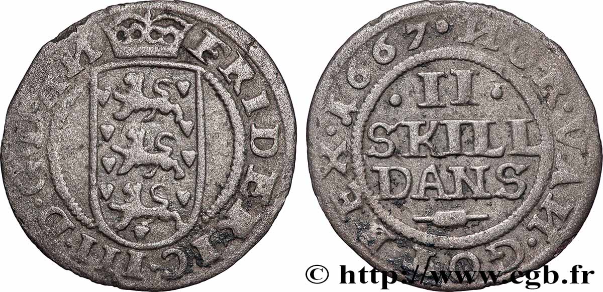 DANEMARK - ROYAUME DE DANEMARK - FRÉDÉRIC III 2 Skilling  1667 Copenhague TTB 