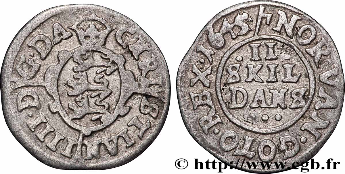 DANEMARK - ROYAUME DE DANEMARK - CHRISTIAN IV 2 Skilling Dansk 1645 Copenhague TB+ 