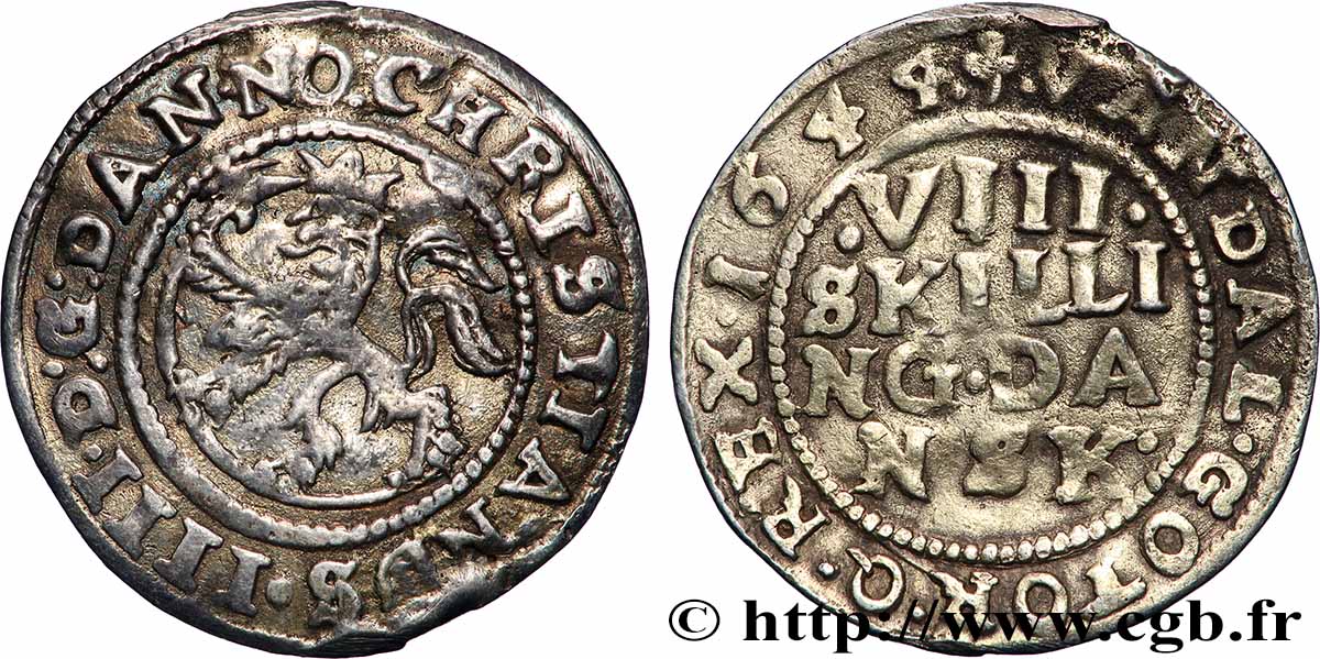 NORVÈGE - ROYAUME DE NORVÈGE - CHRISTIAN IV 8 Skilling 1644 Oslo TTB 