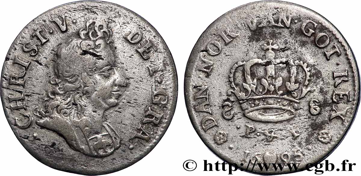 DANEMARK - ROYAUME DU DANEMARK - CHRISTIAN V 8 Skilling 1695 Konsberg TB+ 