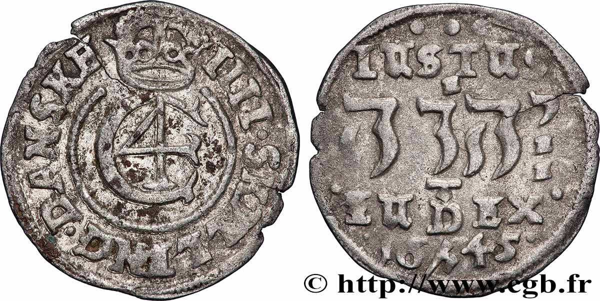DANEMARK - ROYAUME DE DANEMARK - CHRISTIAN IV IIII skilling 1645 Copenhague TB+ 