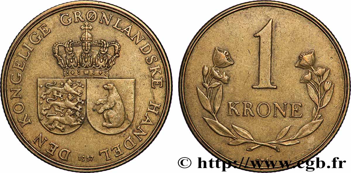 GROENLANDIA 1 Krone deux écus accolés et couronnés 1957 Copenhague q.SPL 