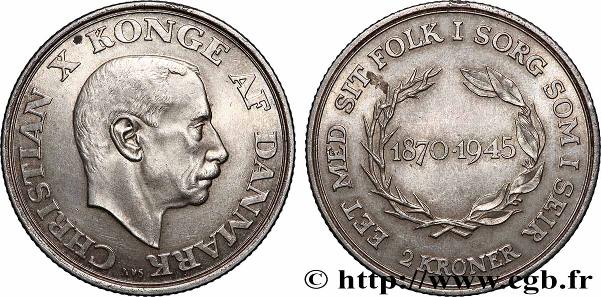 DINAMARCA 2 Kroner 75e anniversaire du roi Christian X 1945 Copenhague EBC 