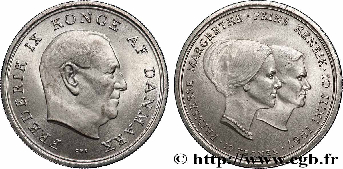 DANEMARK 10 Kroner mariage de la princesse Margrethe 1967 Copenhague SUP 