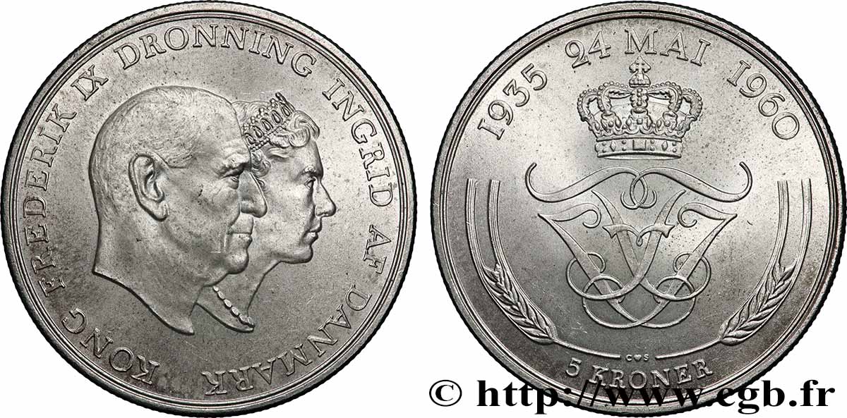 DANEMARK 5 Kroner Noces d’argent 1960 Copenhague SUP 