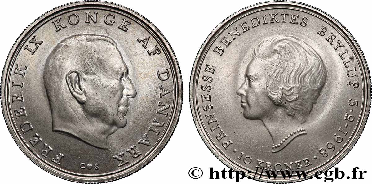 DANEMARK 10 Kroner mariage de la princesse Benedikte 1968 Copenhague SUP 