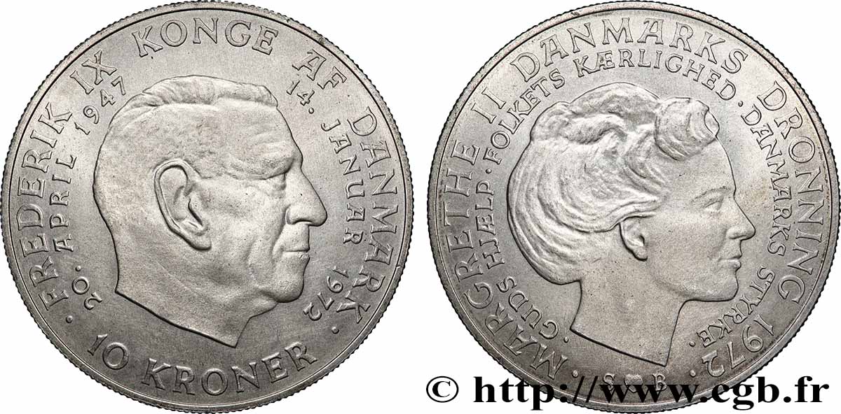 DANEMARK 10 Kroner Mort de Frederik IX et accession de Margrethe II au trône 1972 Copenhague SUP 