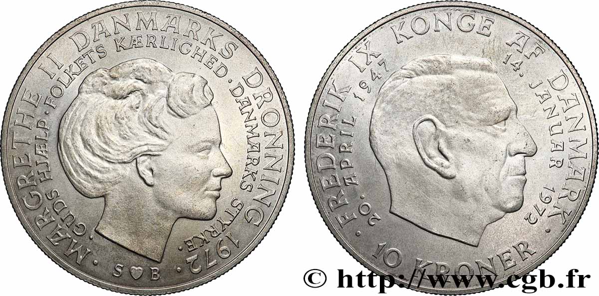 DANEMARK 10 Kroner Mort de Frederik IX et accession de Margrethe II au trône 1972 Copenhague SUP 