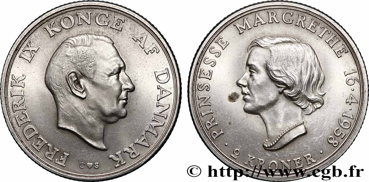 DENMARK 2 Kroner 18e anniversaire de la princesse margarette 1958 Copenhague AU 