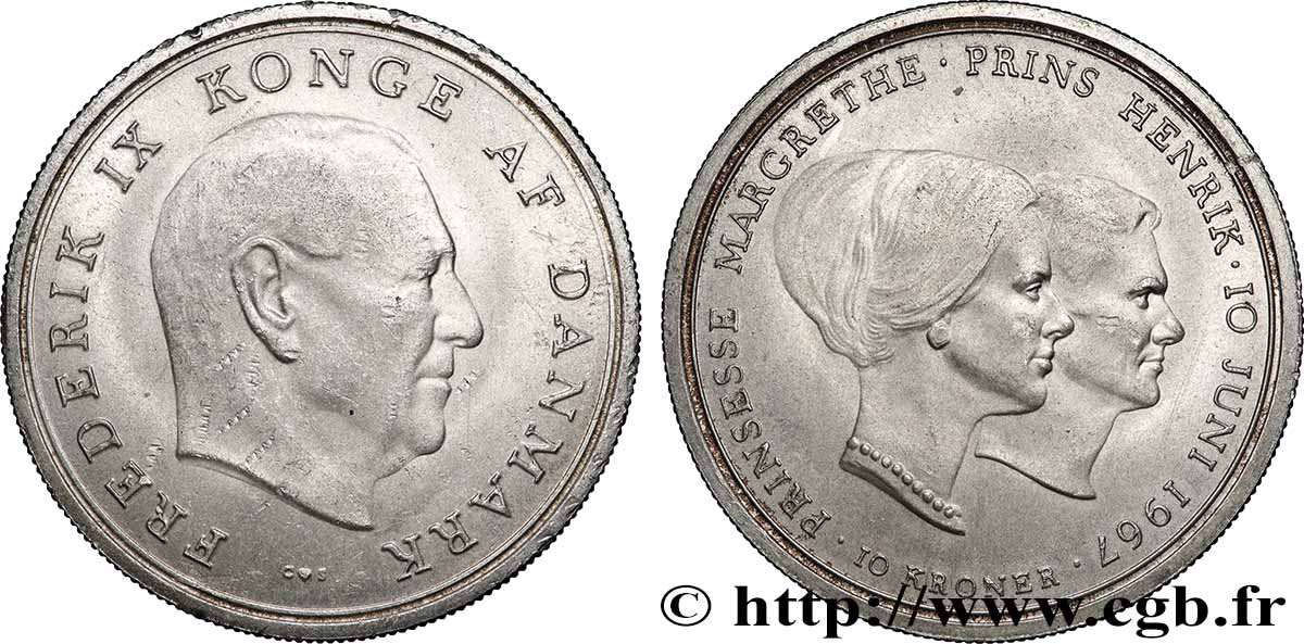 DANEMARK 10 Kroner mariage de la princesse Margrethe 1967 Copenhague SUP 
