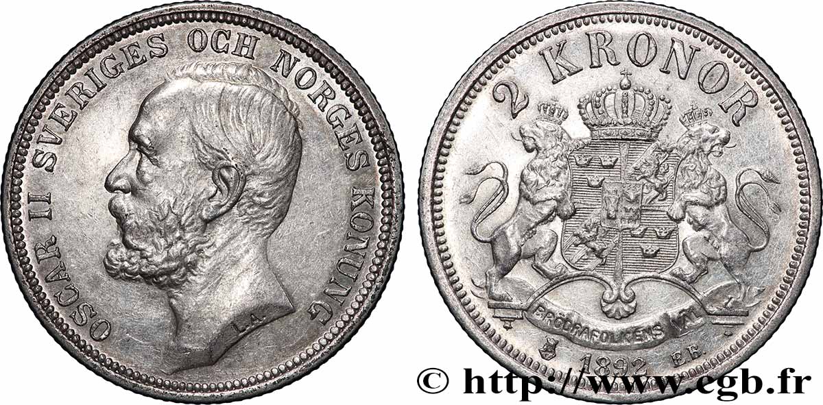 SUÈDE - ROYAUME DE SUÈDE - OSCAR II 2 Kronor  1898  TTB+ 