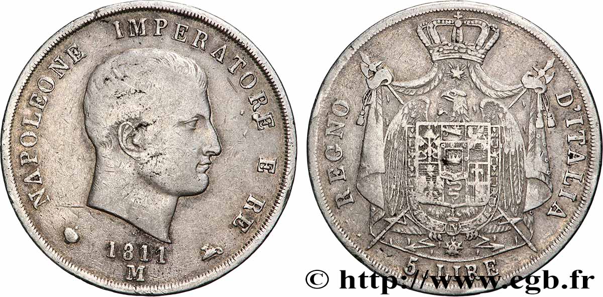 ITALIA - REGNO D&nbsp;ITALIA - NAPOLEONE I 5 Lire 1811 Milan MB/q.BB 