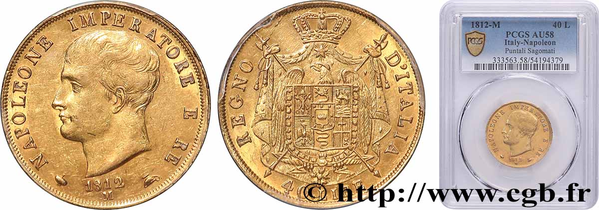 ITALY - KINGDOM OF ITALY - NAPOLEON I 40 Lire 1812 Milan AU58 PCGS