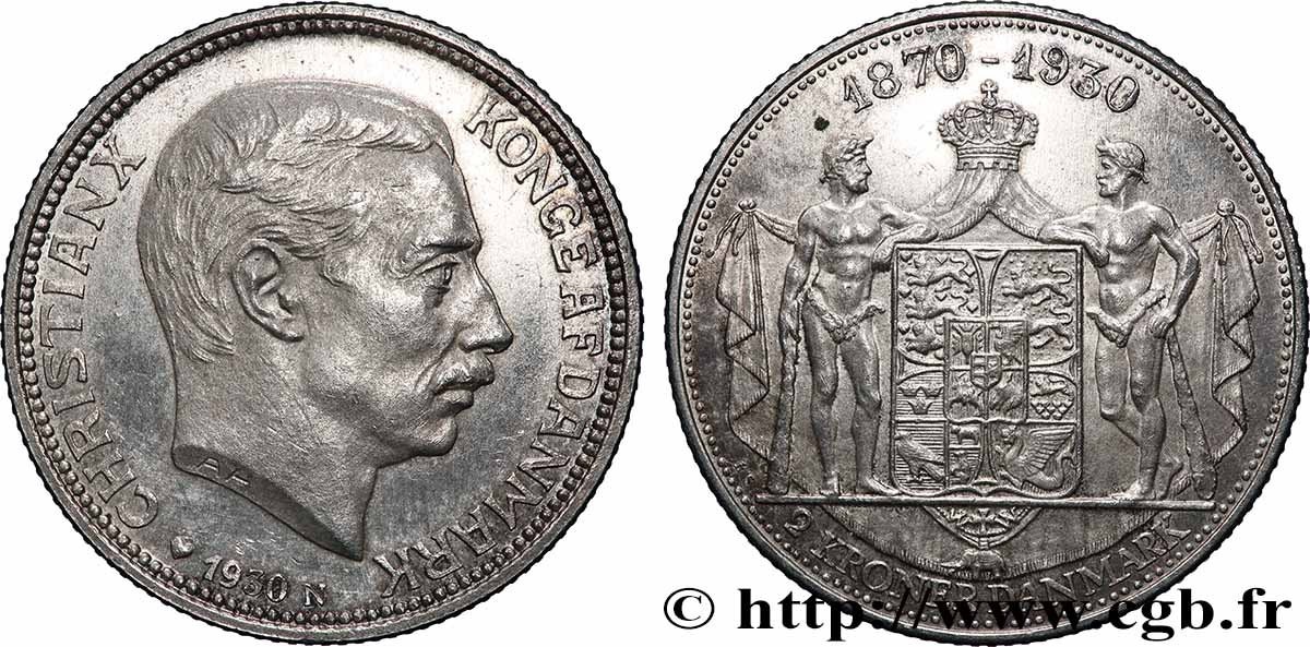 DANEMARK 2 Kroner 60e anniversaire du roi Christian X 1930 Copenhague SUP 