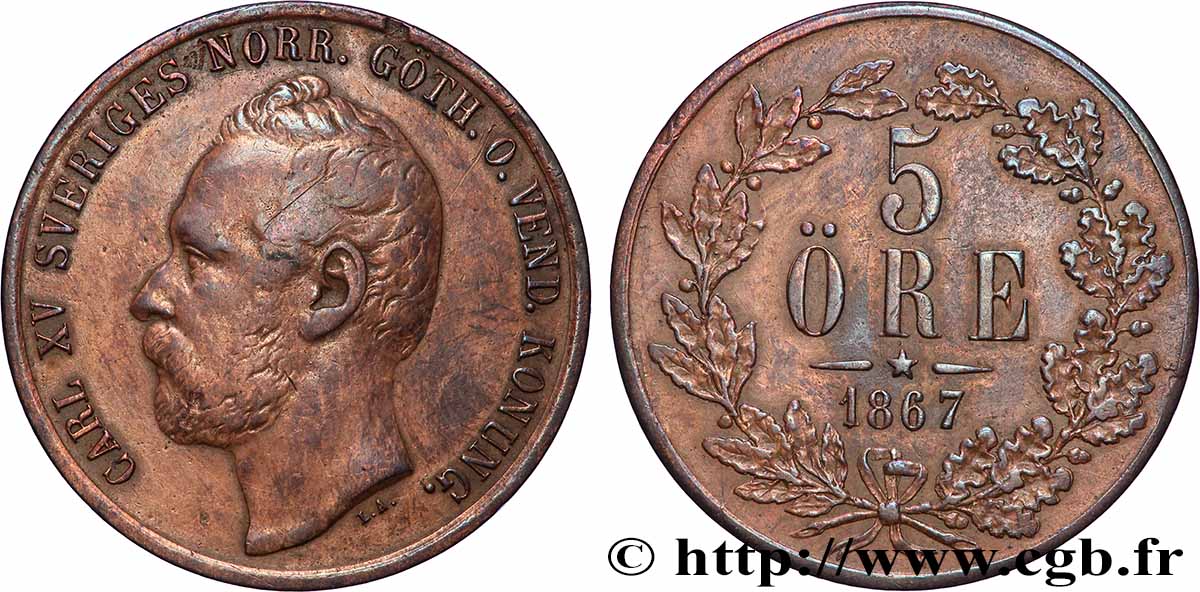 SUÈDE 5 Ore Charles XV 1867  TTB+ 