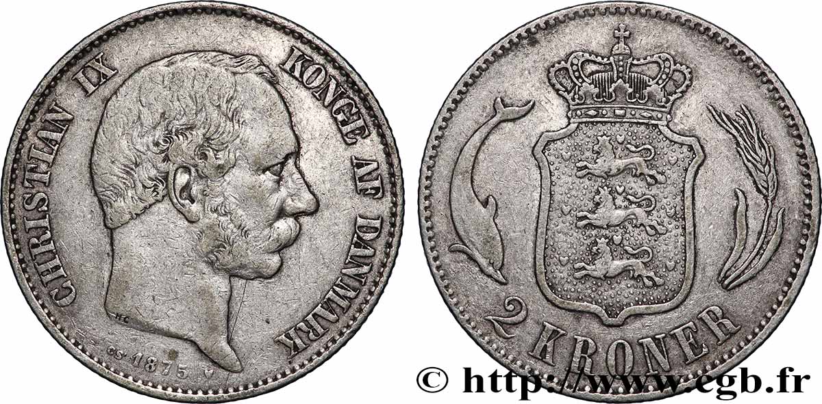 DANEMARK 2 Kroner Christian IX 1875 Copenhague TTB 
