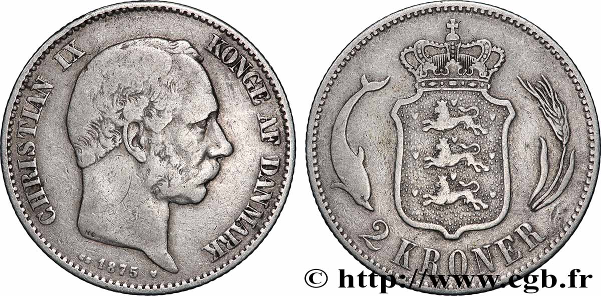 DENMARK 2 Kroner Christian IX 1875 Copenhague XF 