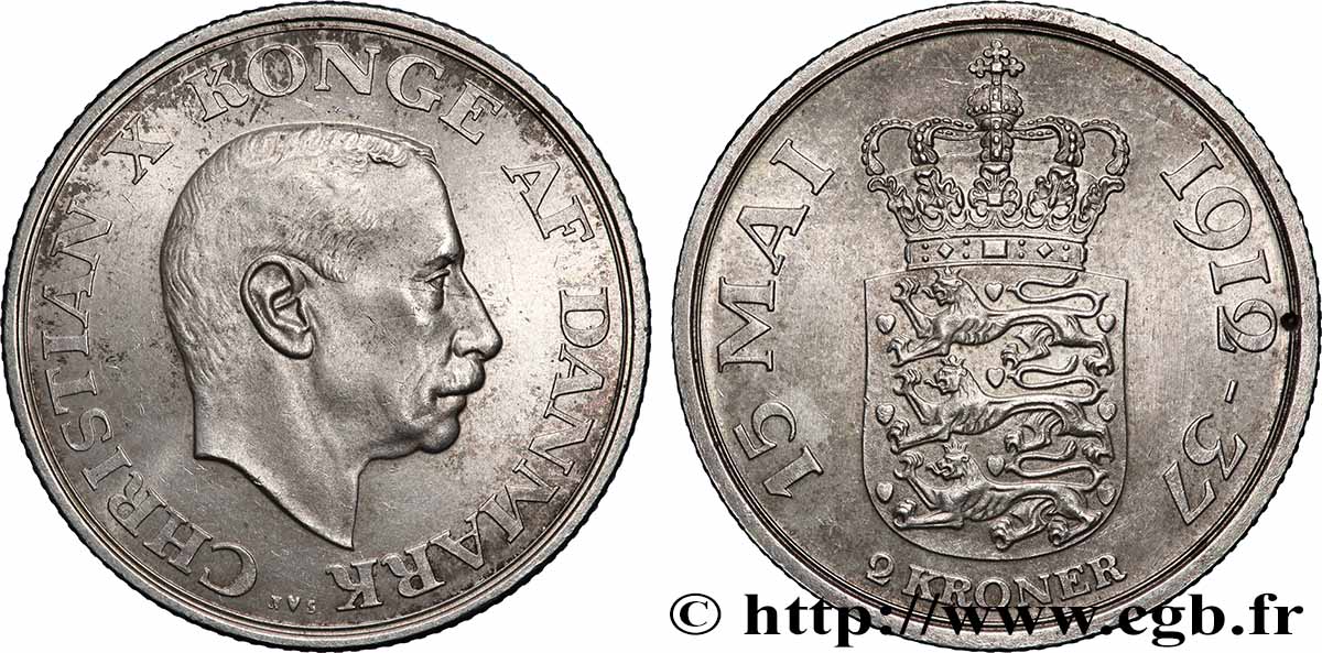 DANEMARK 2 Kroner 25e anniversaire du roi Christian X 1937 Copenhague SUP 