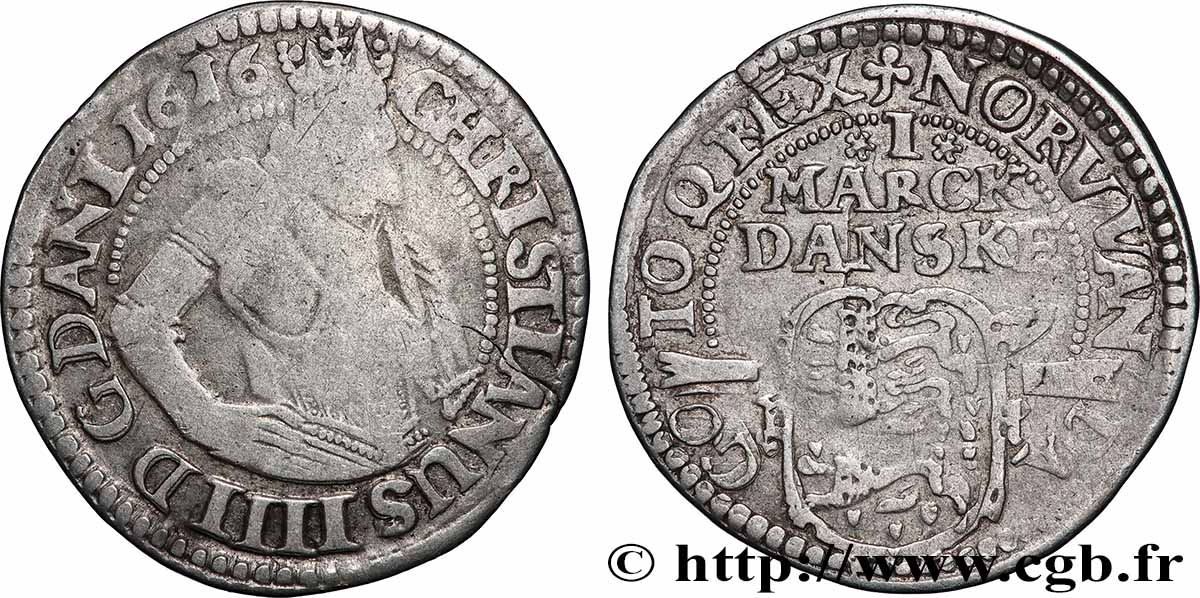 DANEMARK - ROYAUME DE DANEMARK - CHRISTIAN IV 1 Mark 1616 Copenhague TB+/TTB 