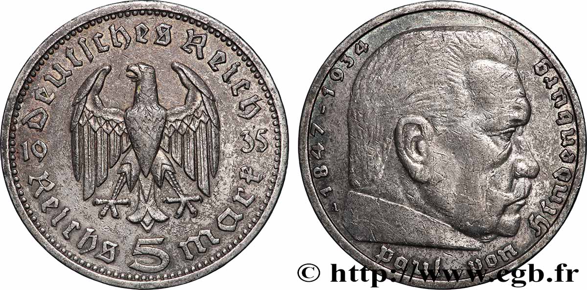 ALEMANIA 5 Reichsmark Maréchal Paul von Hindenburg 1935 Berlin MBC+ 