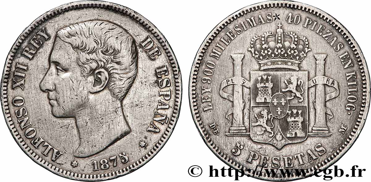 ESPAGNE - ROYAUME D&nbsp;ESPAGNE - ALPHONSE XII 5 Pesetas  1875 Madrid BB 