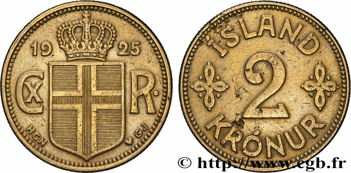 ISLANDA 2 Kronur Christian X 1925  BB 