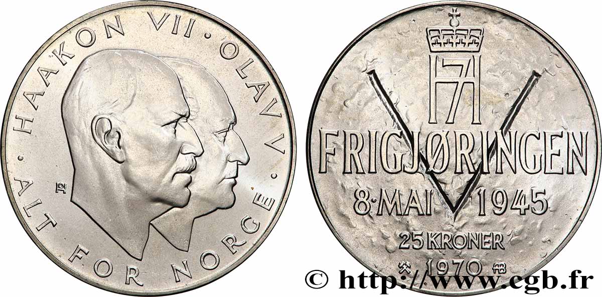 NORVÈGE 25 Kroner 25e anniversaire de la Libération 1970 Kongsberg SPL 