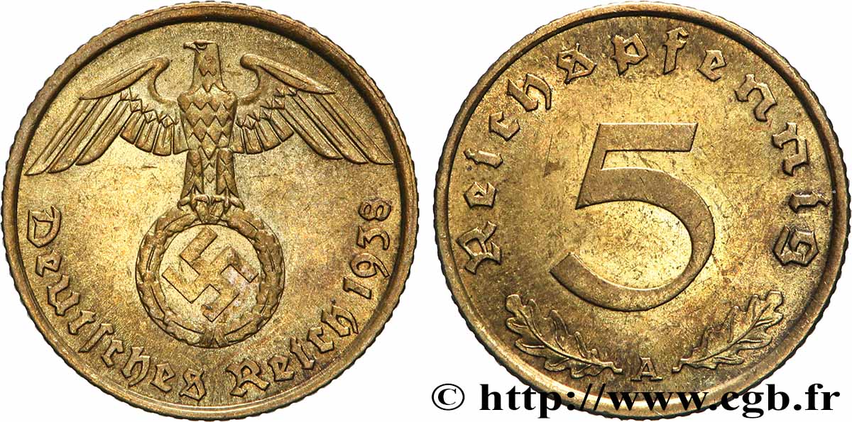 ALLEMAGNE 5 Reichspfennig aigle surmontant une swastika 1938 Berlin TTB+ 